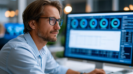 Fototapeta premium Faceless security professional reviews a large monitor displaying SOC compliance dashboard with security audit results, defocused tech workspace behind, SOC compliance, security