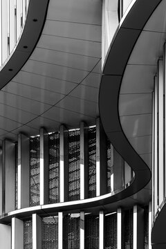 Interior curves sweep across a black and white photograph above columns, where glass facade, ceiling and architecture hold building rhythm