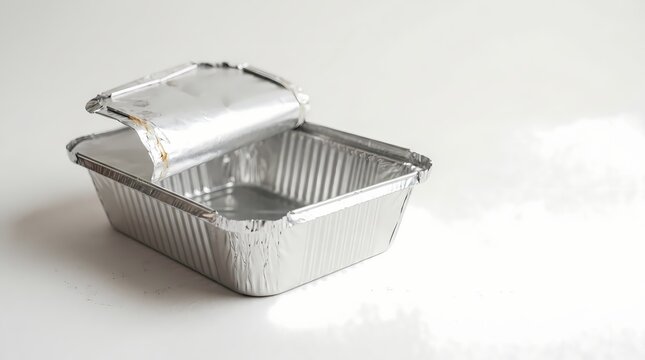 An open aluminum foil baking dish on a white surface for cooking