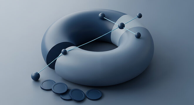 Abstract 3D rendering of a segmented toroidal ring with floating spheres and circular metallic plates abstract geometric sculpture minimalist metallic structure composition conceptual