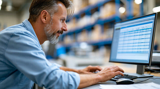 Anonymous purchasing manager at a factory desk reviews printed supplier compliance schedules on a computer screen, defocused warehouse shelves in background, supply chain