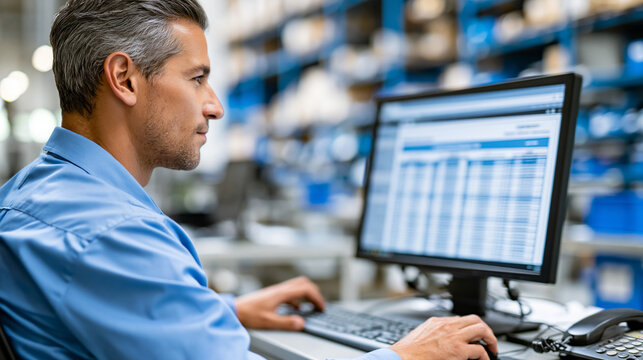 Anonymous purchasing manager at a factory desk reviews printed supplier compliance schedules on a computer screen, defocused warehouse shelves in background, supply chain