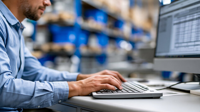 Anonymous purchasing manager at a factory desk reviews printed supplier compliance schedules on a computer screen, defocused warehouse shelves in background, supply chain