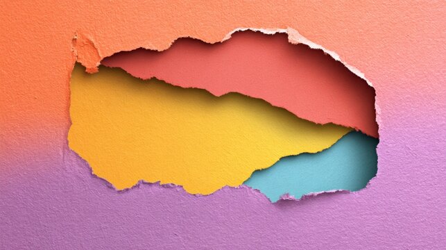 Colorful Torn Paper Layer Revealing Creative Design Beneath in Vibrant Tones of Orange, Pink, Yellow, and Blue for Artistic Backgrounds