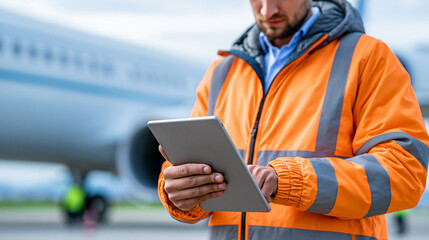 Fototapeta premium Anonymous aviation safety officer in uniform reviews maintenance logs on a digital tablet beside a commercial aircraft, defocused runway in background, aviation safety compliance,