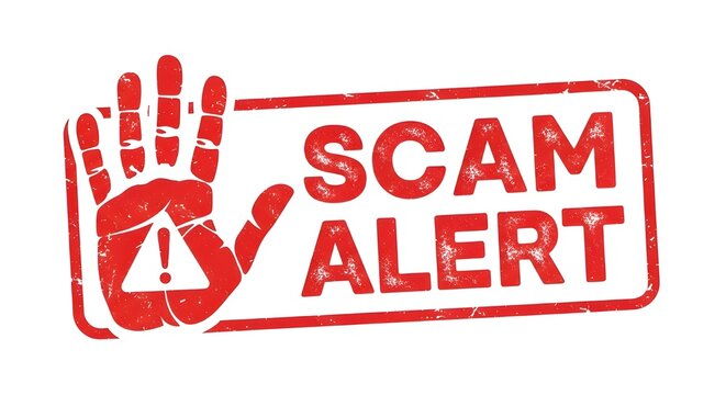 Scam alert rubber stamp with red ink texture featuring a hand stop sign symbol on a clean white background