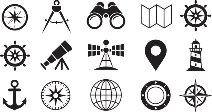 Maritime, vector icon collection including ship navigation instruments, compass bearings, GPS tracking, marine charts, and waypoint tools in clean minimalist black style suitable for nautical mapping 