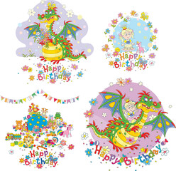 Obraz premium Happy birthday cards with a funny dragon and a cute little princess, a set of vector cartoon illustrations isolated on a white background