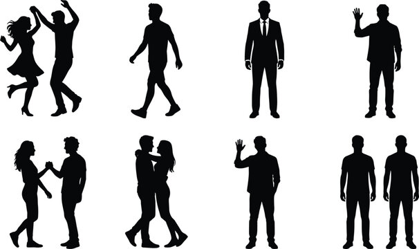 Diverse People Silhouettes Collection Featuring Dancing Couples Walking Standing and Waving Men Isolated on White Background in image_4a7fde.png