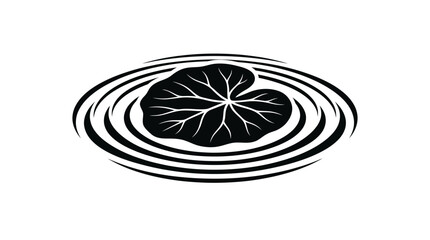 A black and white graphic illustration of a single lily pad floating on calm water ripples. © Dahlia_Elma
