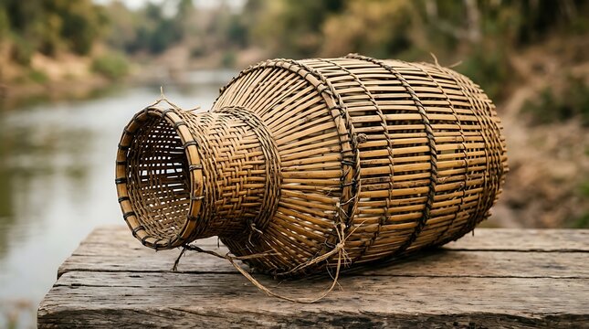 Traditional handcrafted bamboo fish trap on a wooden platform by the river