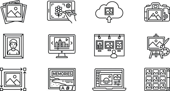 Set of twelve black and white line depicting digital editing gallery display and management tools on a white background