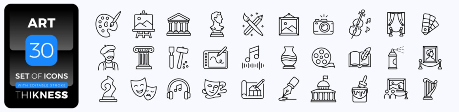 Art web icons, including artist, sculpture, museums, architecture, image, statue, art brush, artist, music, collection. Vector illustration.