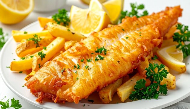 A delicious plate of golden-brown battered fish and crispy french fries, garnished with fresh parsley and lemon wedges, served on a white plate.