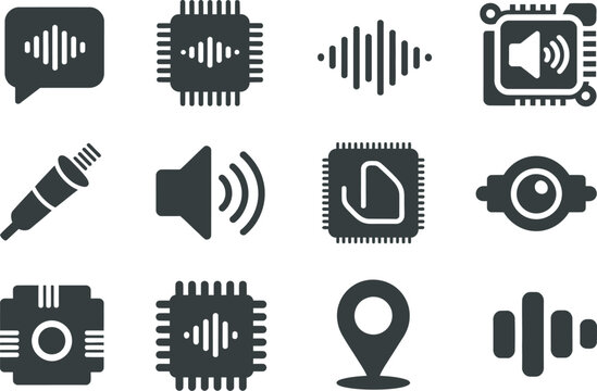 Speech, sound and voice technology icon set featuring codec symbols, AI microchip boards, audio jack connectors, and digital signal waves in clean minimalist vector style ideal for audio processing, 