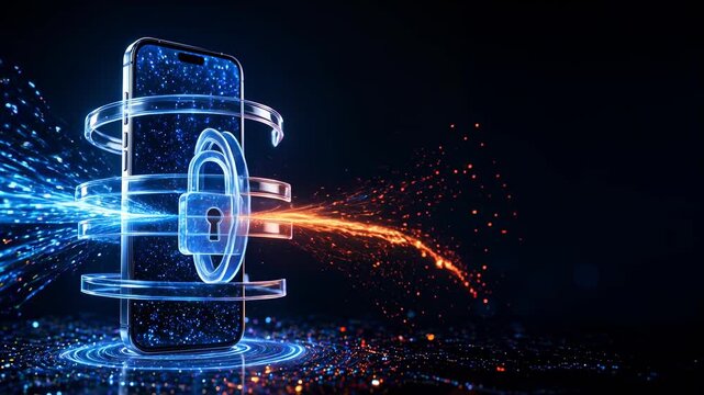 Smartphone with glowing lock shield and data streams, mobile cyber security and privacy protection concept, animation.