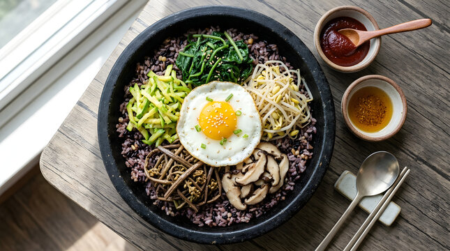 Delicious 3D GIS Terrain Visualization A 3D GIS, Terrain, DEM, DSM of Korean Multigrain Bibimbap, showcasing rich ingredients and textures