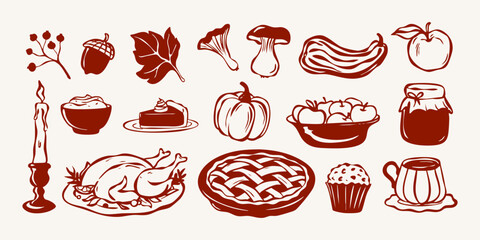 Hand drawn cozy autumn set with fall leaves, mushrooms, pumpkin, pie, roast turkey, apples and harvest elements. Warm autumn vector illustration set. © Iana