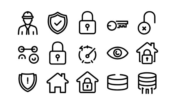 Security web icons in line style. Guard, cyber security, password, smart home, safety, data protection, key, shield, lock, unlock, eye access
