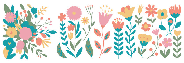 Obraz premium Collection of hand drawn colorful floral elements for spring and summer design work