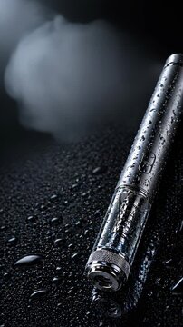 Luxury auto injector pen with water drops on dark surface, modern GLP 1 therapy concept, healthcare product scene, animation.