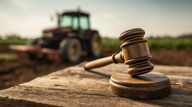 Judge gavel on wooden table with tractor in farmland background. Agricultural law, land rights, farming regulations, agribusiness policy and legal compliance concept.