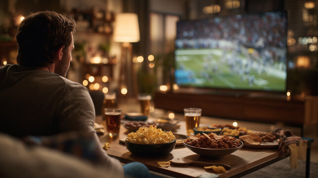 Man watching a football game on television in a cozy living room with snacks and drinks on the table. Home entertainment, sports fandom and relaxation concept.