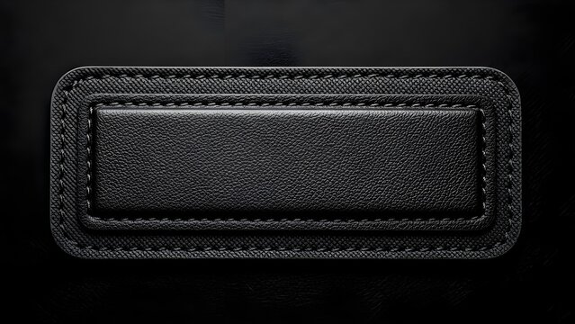 Black leather label patch with detailed stitching texture isolated on a dark background for luxury branding and product design