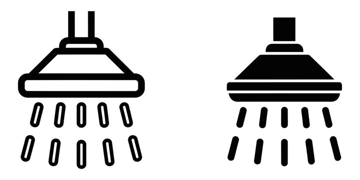 Showerhead icon with falling water drops in clean flat design against white background for hygiene concepts