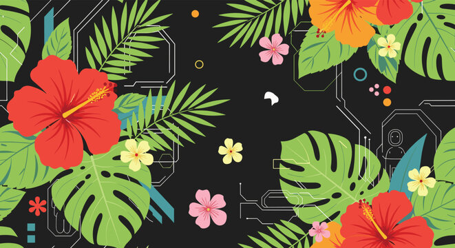 Vibrant tropical seamless pattern with red and orange hibiscus flowers, green monstera leaves, and abstract tech elements on a dark background.