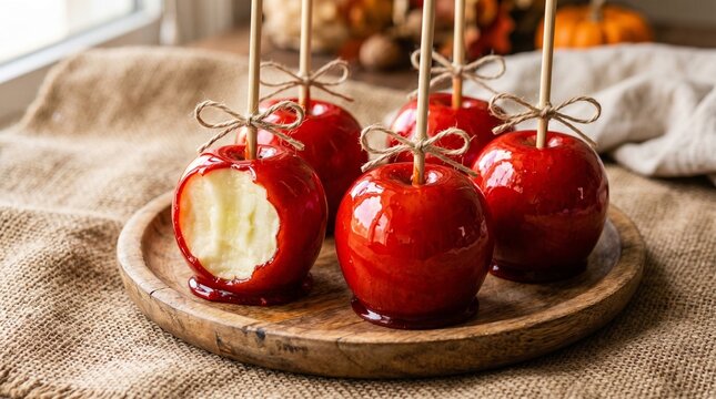 Glossy Red Candy Apples on Wooden Plate with Bite Mark and Sweet Sugar Coating