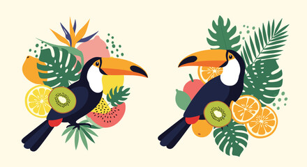 Obraz premium Two vibrant illustrations of toucans surrounded by a colorful arrangement of tropical fruits like kiwi orange lemon and watermelon slices.