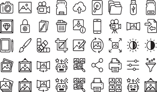Hand drawn vector graphic collection featuring various digital media icons for photography editing tools and creative design software interface elements