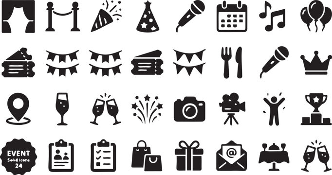 Set of black flat vector event icons featuring celebration elements including trophies microphones fireworks cameras and party decorations for design