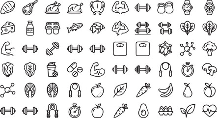 Naklejka premium Set of black and white vector graphic line art icons depicting healthy food items and fitness equipment for gym enthusiasts