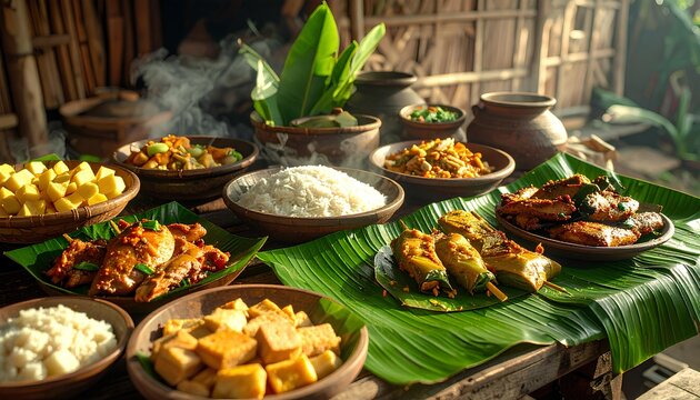 Authentic Old-Time Sundanese Feast Served on Fresh Banana Leaves in a Traditional West Javanese Village