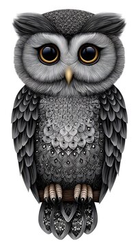 Madala coloring book detailed illustration of cute grey owl with large expressive eyes perched on branch isolated on white