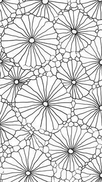 Madala coloring book black and white hand drawn floral pattern with circular flower shapes and organic cell structures