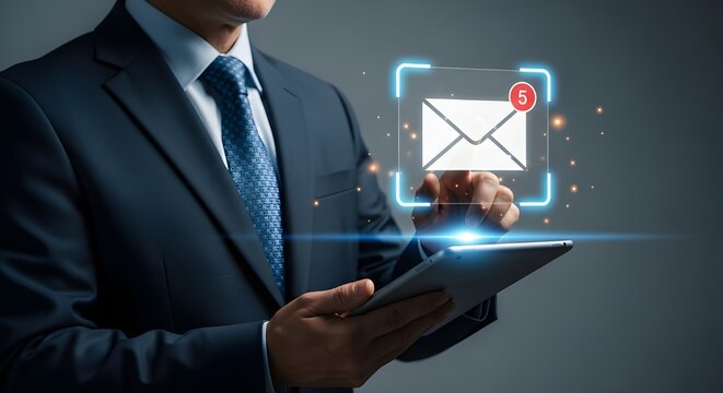 Business professional using a digital tablet to interact with holographic email notification icons for corporate communication and global messaging systems