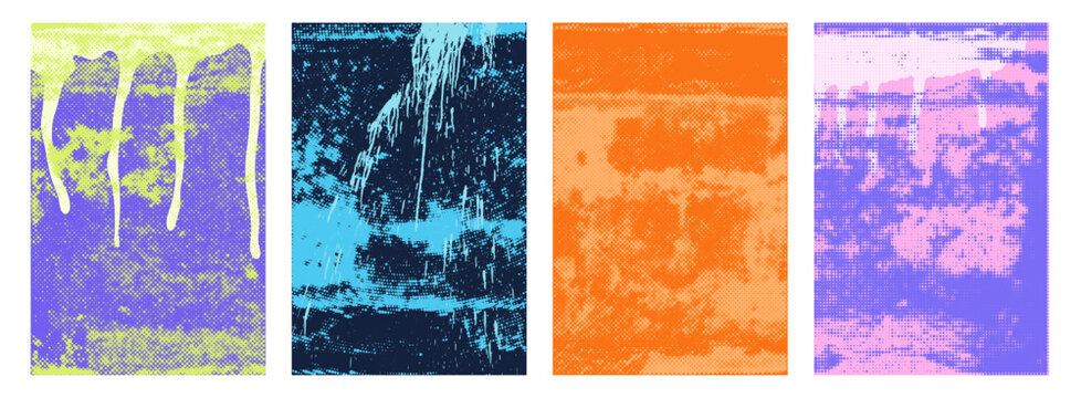 Retro punk halftone texture vector poster backgrounds set. Colorful grunge overlay with urban collage aesthetic, risograph printmaking and stipple grain effect