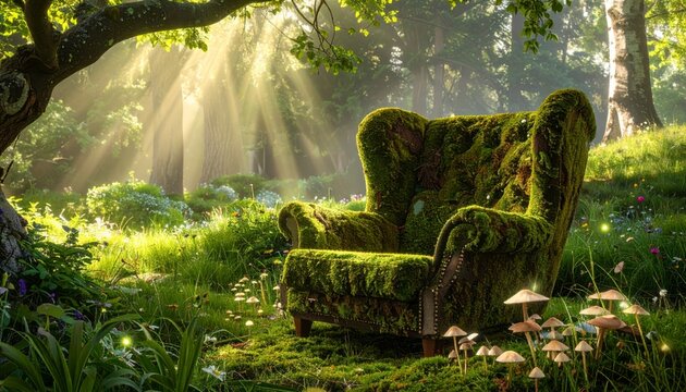 A mystical armchair covered in lush green moss sits in a sundrenched enchanted forest clearing, surrounded by wild mushrooms and glowing fireflies beneath cinematic rays of light.