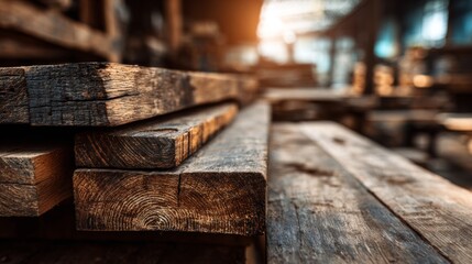 Naklejka premium Warm Rustic Wooden Planks in Workshop Setting with Sunlight Streaming Through for Cozy Interior Inspiration