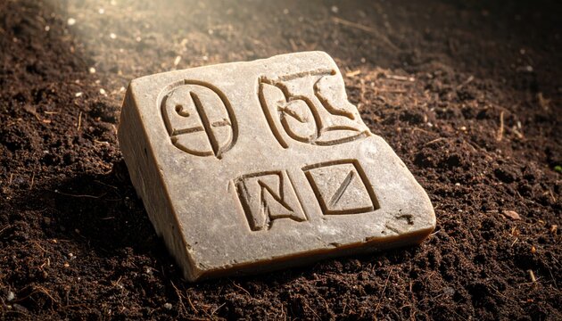 Ancient carved soapstone artifact with primitive etchings resting on dark soil