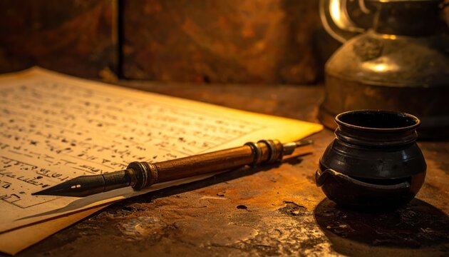 Ancient Scribe's Reed Pen Rests on Unfinished Hieroglyphic Text at Desk