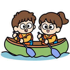 Naklejka premium Cute kids paddling canoe cartoon illustration isolated