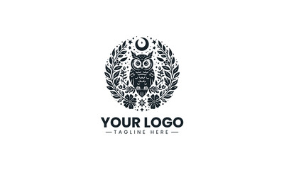 Fototapeta premium Floral owl wreath minimalist black vector logo