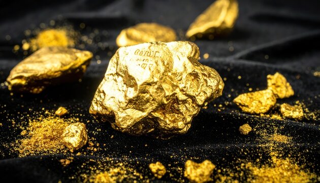 A large, raw gold nugget gleaming on a dark, textured surface surrounded by smaller gold fragments