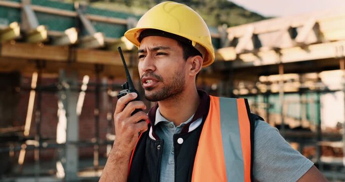 Construction site, radio and man with engineering, conversation and inspection for quality control. Tech, risk assessment and person with communication, schedule and property renovation with advice
