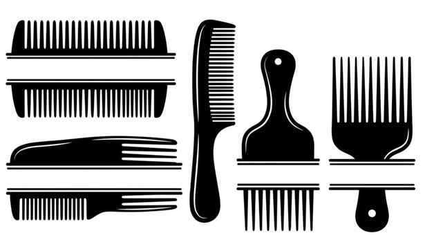 Black silhouette set of barber tools combs brushes and mirrors