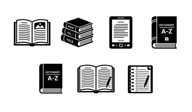 Black glyph icons set books e reader dictionary and notebooks
